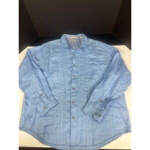 Caribbean Mens‎ Shirt XL Blue Linen/Cotton Long Sleeve Button Down